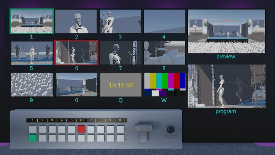 MultiCam Simulator interface showing 10 camera feeds and a broadcast switcher